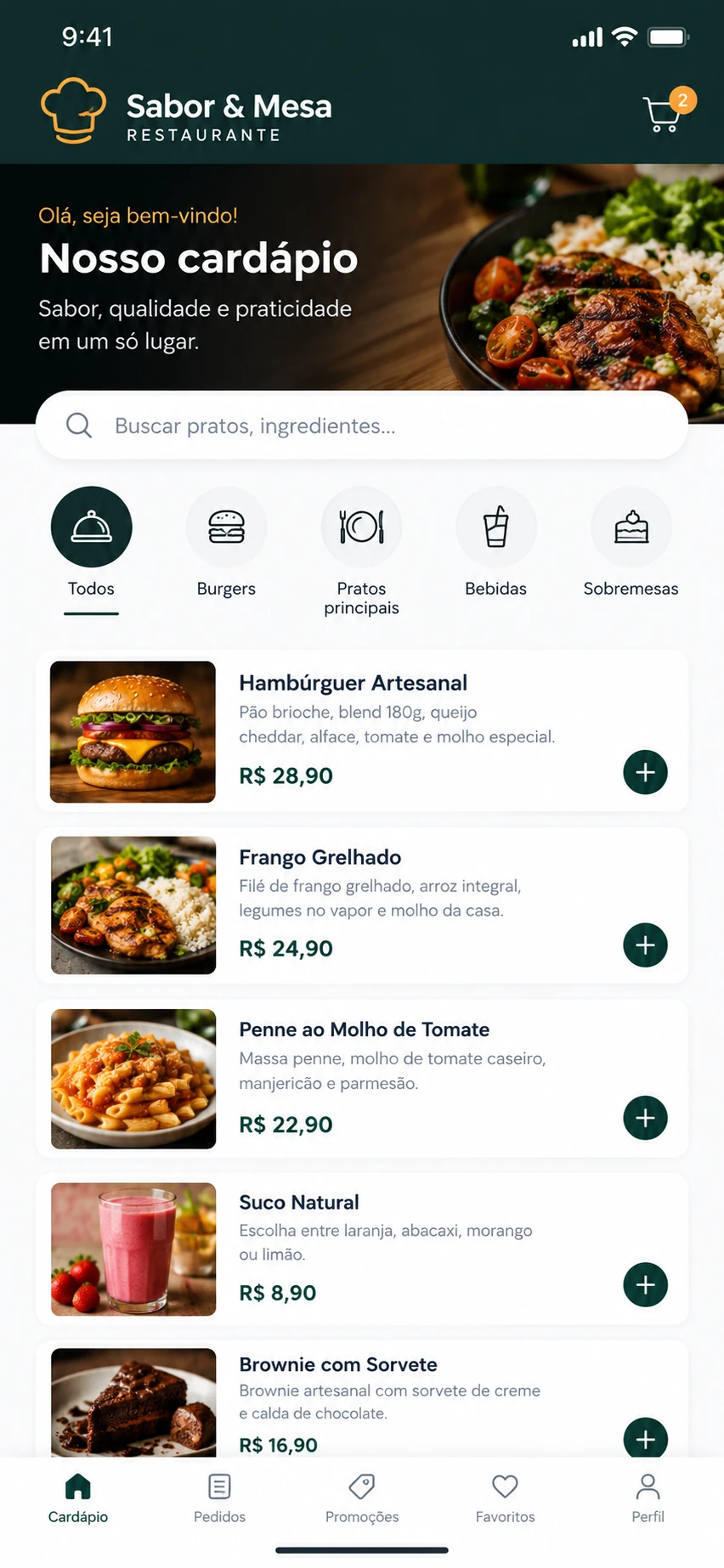 Cardápio digital no celular: cabeçalho do restaurante com carrinho, busca, categorias, lista de pratos com descrição, preço e botão de adicionar, e navegação inferior.